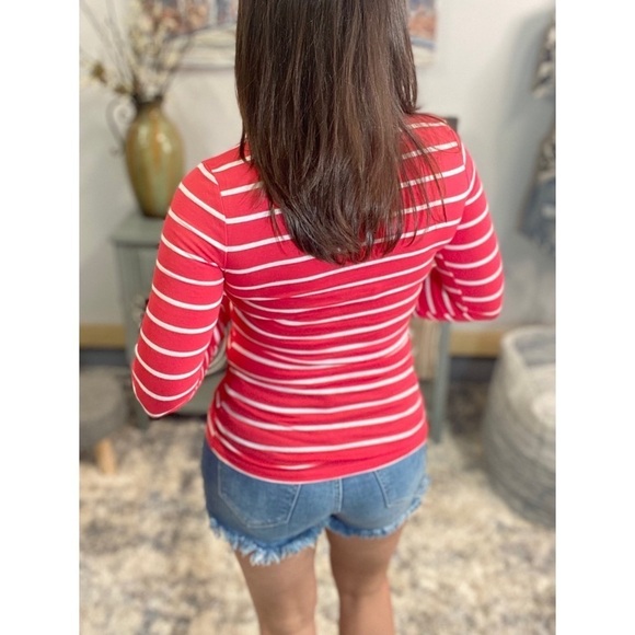 Nautical Striped Preppy Stretch V Neck Long Sleeve Shirt Bright Coral White 1922 - Picture 5 of 5